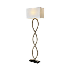 Floor lamp with a twisted design and white shade on a white background