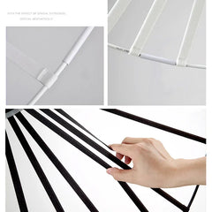 Collage of a hand holding a black strip against a white background with text.