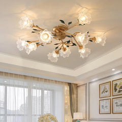 Interior view of a living room showing a gold floral semi-flush ceiling light illuminating the space.