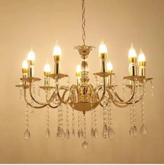 Gold Candelabra Chandelier with Crystal Droplets and Candle Lights