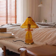 Amber Glass Mushroom Table Lamp with Textured Base and Frosted Shade