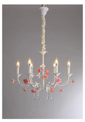 White Candelabra Chandelier with Pink Roses & Crystal Drops