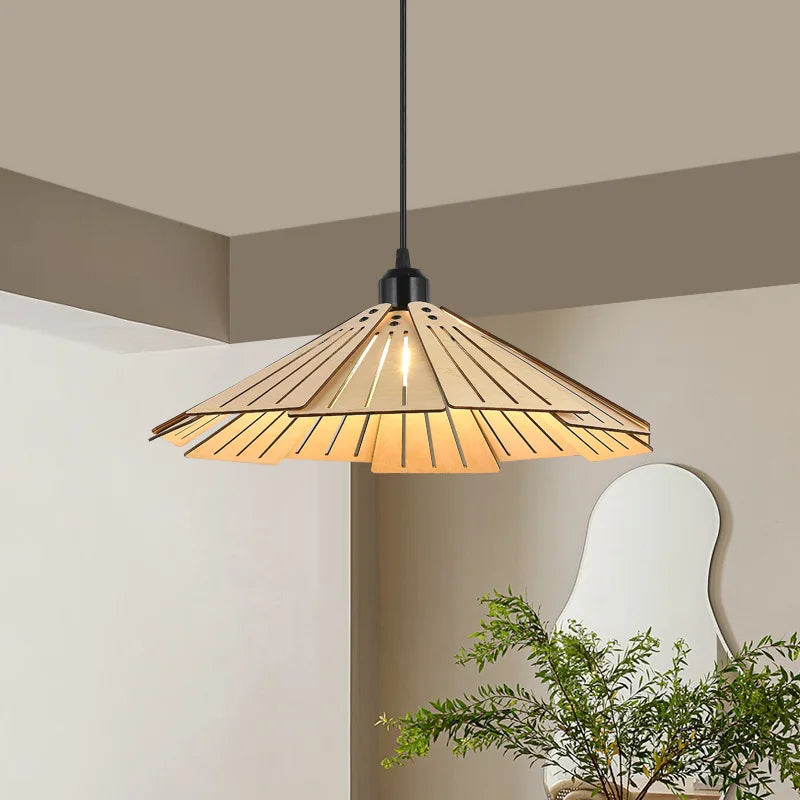 A wood tiered geometric pendant light hanging in a room with a modern interior design.