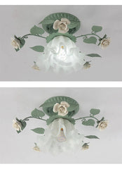 Green Flower Flush Mount Ceiling Light with White Roses