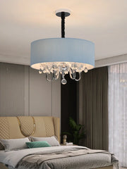 Blue Fabric Drum Pendant Light with Crystal Accents