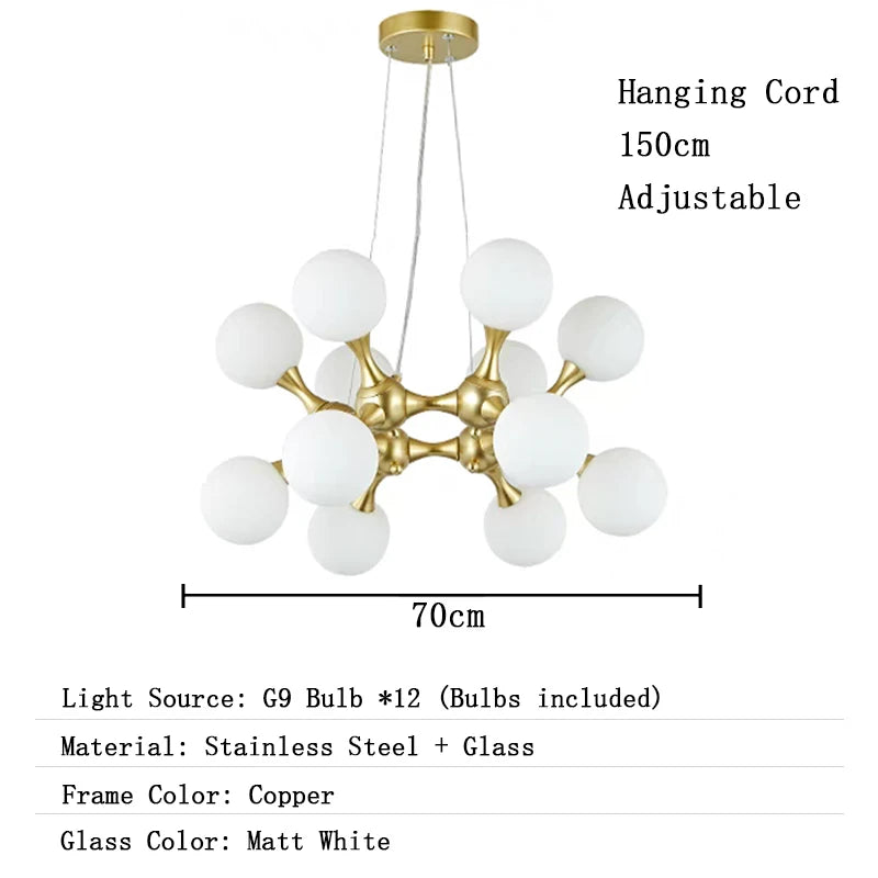 Chandelier with white glass balls and copper frame, adjustable hanging cord, dimensions shown.