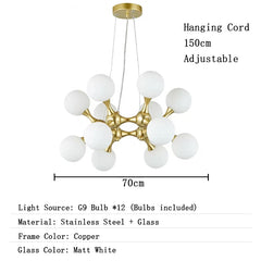 Chandelier with white glass balls and copper frame, adjustable hanging cord, dimensions shown.