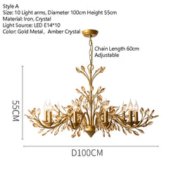 Brushed Gold Crystal Floral Chandelier Light Fixture