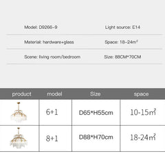 A detail image of the gold-finished frame and cascading glass rods of the tiered chandelier.