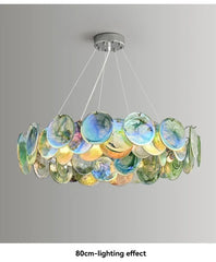 Iridescent Glass Disc Cascade Chandelier with Chrome Frame