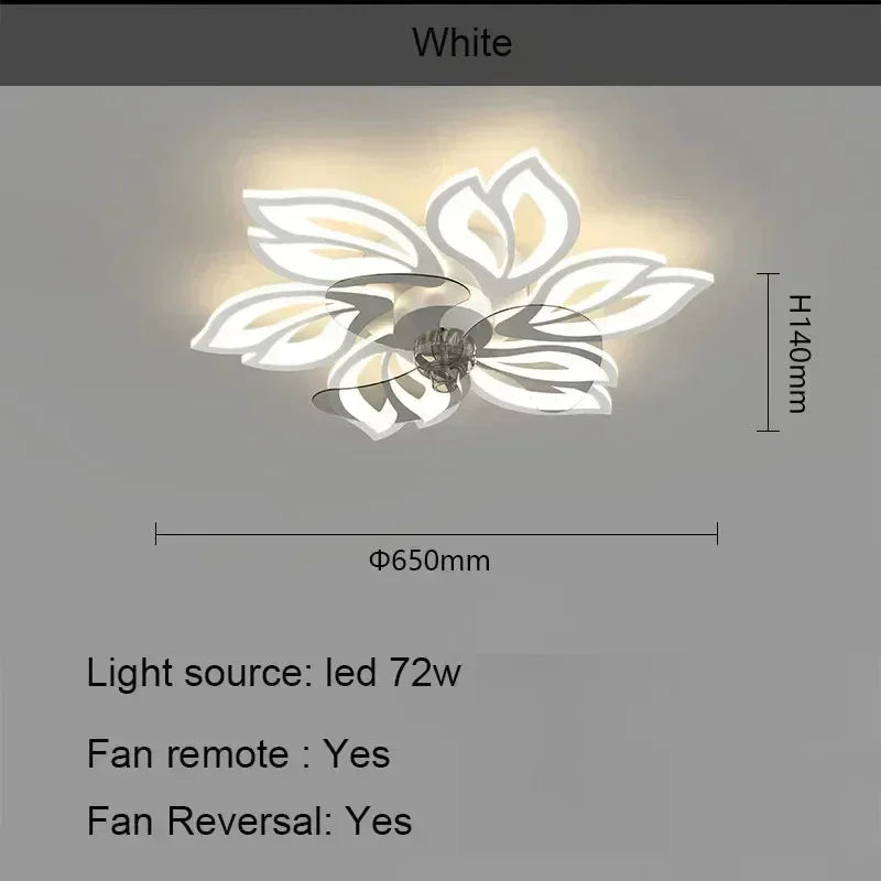 Ceiling fan with light fixture on a gray background, showing dimensions and features.