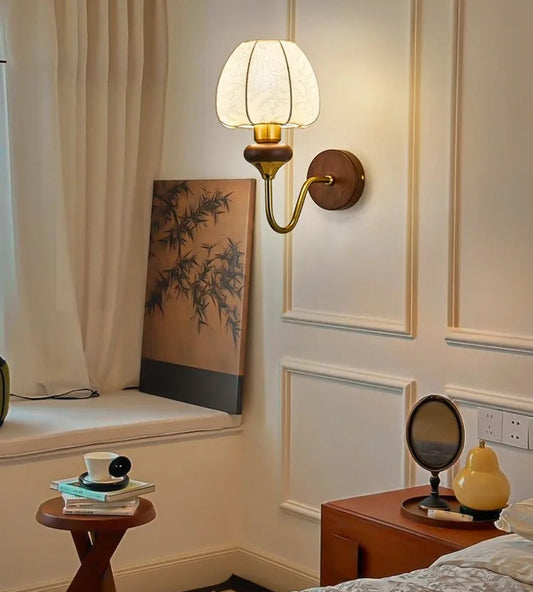 Wall-mounted lamp in a room with decorative elements and a 'Retro aesthetics' label.
