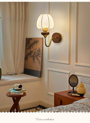 Wood and Brass Arm Wall Sconce with Frosted Glass Shade