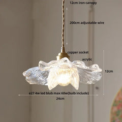 Pendant light with clear acrylic shade and brass fixture, labeled with dimensions and features.