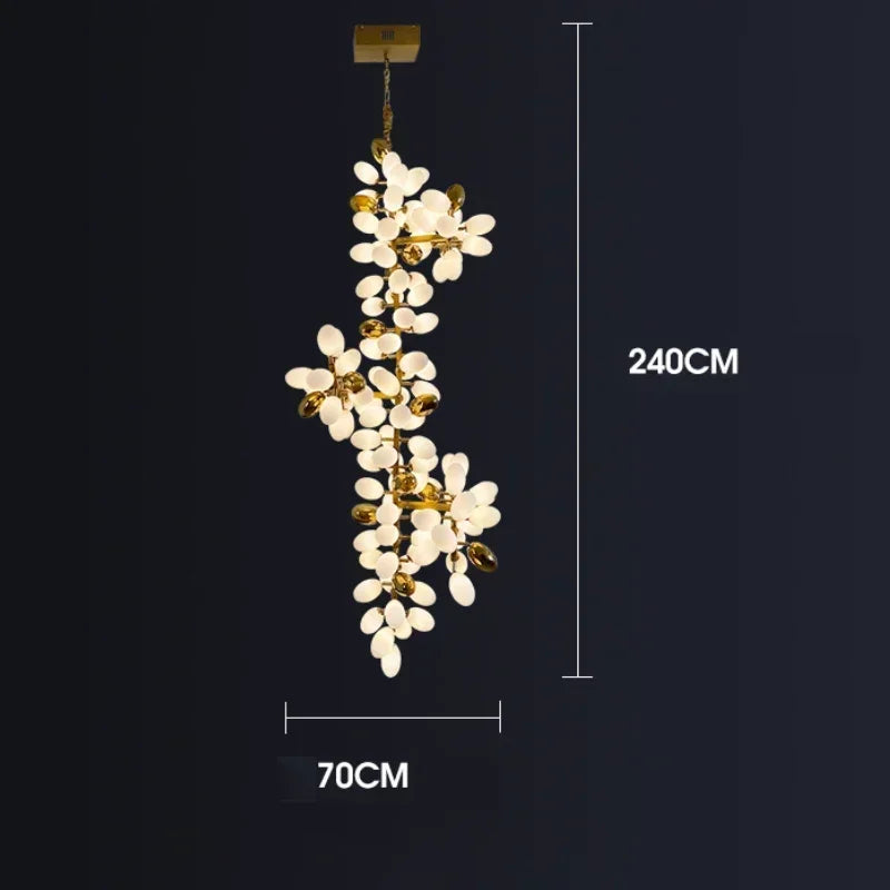 Decorative hanging lamp with measurements on a dark background