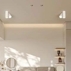 Close-up of two white cylinder spotlights on a ceiling, emitting warm light.