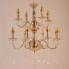 Gold Candelabra Chandelier with Crystal Droplets and Candle Lights