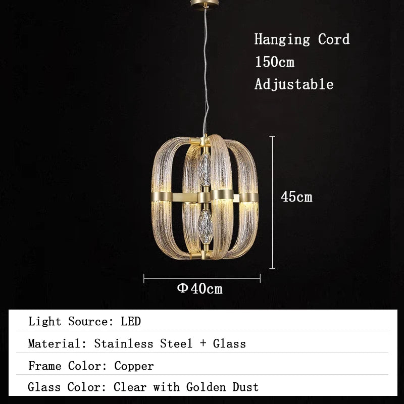 Pendant light with dimensions and material details on a black background