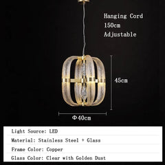 Pendant light with dimensions and material details on a black background