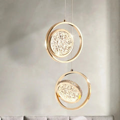 Gold Ring Pendant Light with Crystal Inlay and Swirling Design