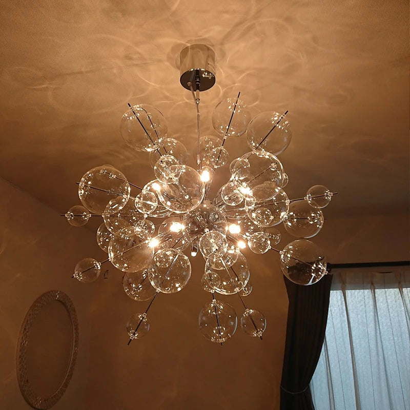 Chandelier with clear glass bubbles on a ceiling