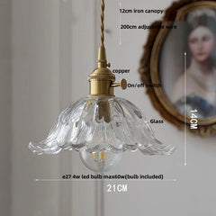 Decorative pendant light with clear glass shade and brass fixture, shown with measurements.