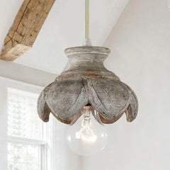 Wood Carved Floral Pendant Light Fixture Floral Stems Glass Shades