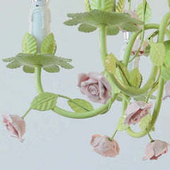Green Floral Rose Ceramic Semi-Flush Chandelier with Leaf Accents