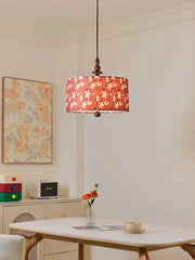 Floral Fabric Drum Pendant Light with Wood Accents