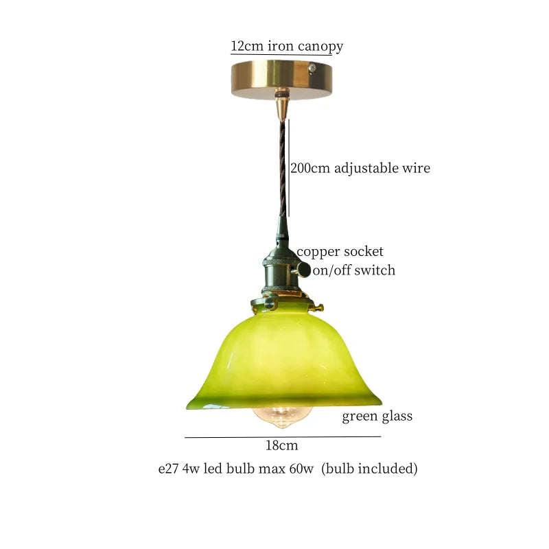Pendant light with green glass shade and labeled components on a white background