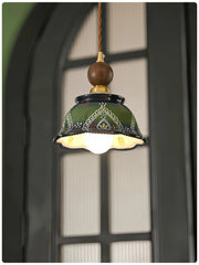 Green Ceramic Bell Pendant Light Hand Painted Floral Design
