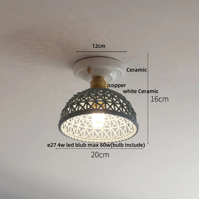 Ceiling light fixture with measurements and material details on a plain background
