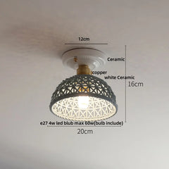 Ceiling light fixture with measurements and material details on a plain background