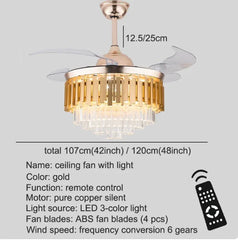Gold ceiling fan with light and remote control on a gray background
