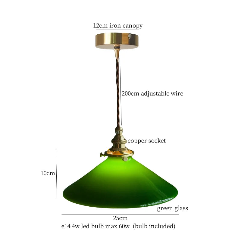 Green pendant light with labeled parts on a white background