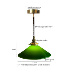 Green pendant light with labeled parts on a white background
