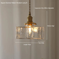 Brass Square Pendant Light with Textured Amber Glass Shade
