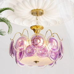 Gold Metal Frame Amethyst Glass Disc Semi-Flush Mount Chandelier