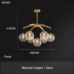 Chandelier with clear glass bulbs and copper frame on a black background, featuring dimensions and material details.