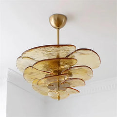 Glass Leaf Tiered Chandelier Polished Copper Floral Pendant Light