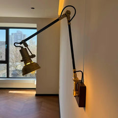 Adjustable Brass Wall Sconce with Walnut Base and Black Arm