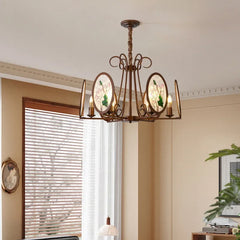 Bronze Chandelier with Frosted Glass and Green Leaf Floral Accents