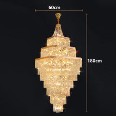 Gold chandelier with dimensions indicated on a black background