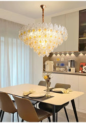 Gold Finish Chandelier with Frosted Glass Shades and Rose Bud Accents