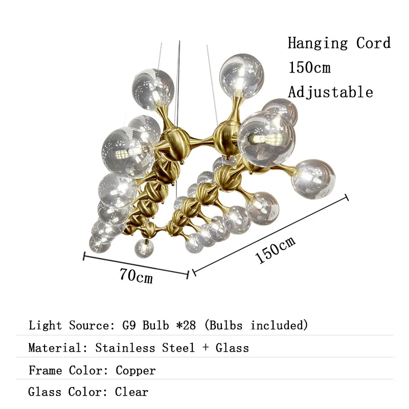 Chandelier with dimensions and material details on a white background
