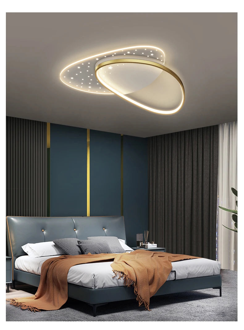 Modern bedroom with a ceiling light fixture