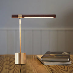 Brass Minimalist LED Desk Lamp with Wooden Accents