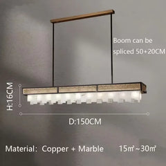 Rectangular pendant light with dimensions and material details on a gray background