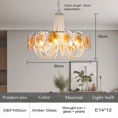 Gold Glass Beaded Chandelier with Pearl Strings Pendant Light