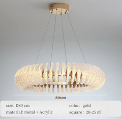 Gold chandelier with dimensions and material details on a gray background